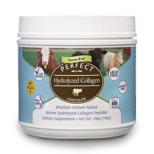 Front view of a bottle of Perfect Supplements Chocolate Hydrolyzed Collagen. Front view of a bottle of Perfect Supplements Chocolate Hydrolyzed Collagen.