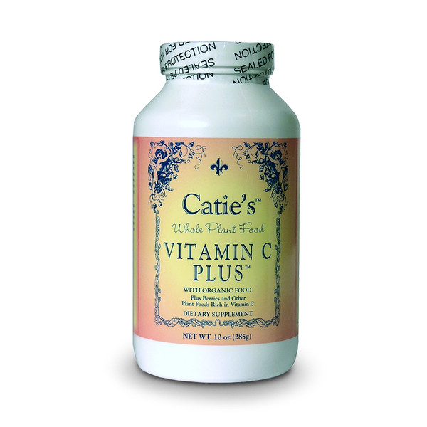 Front view of a bottle of Energy Essentials Catie's Whole Plant Food Vitamin C Plus powder with organic food.