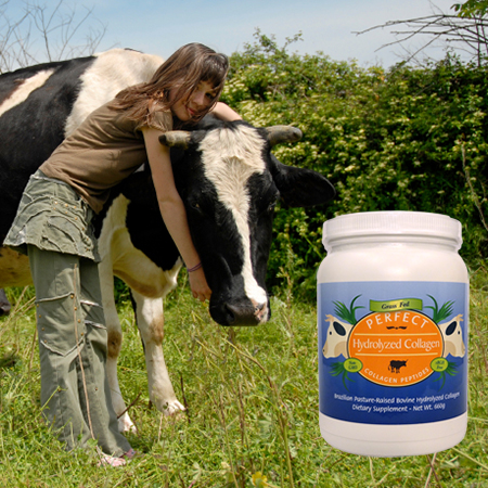 Girl hugging a cow in a grassy field with a bottle of Perfect Hydrolyzed Collagen.