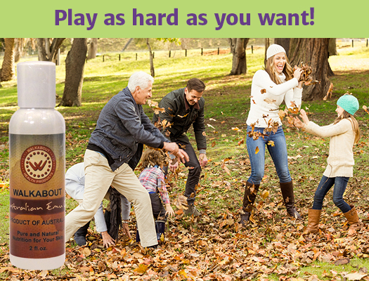 Try Walkabout Topical Emu Oil for Aches, Pains & Inflamation Three generations of family members playing throwing leaves at each other. At the top is a green box with the words "Play as hard as you want!".
