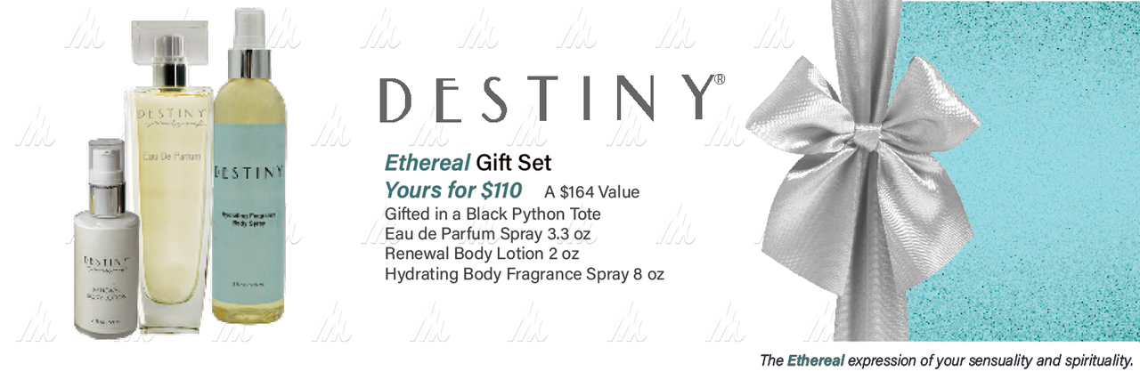 New Destiny Ethereal Gift Set from Marilyn Miglin. A $164 value, yours for only $110. Image: Products on a gift background. 