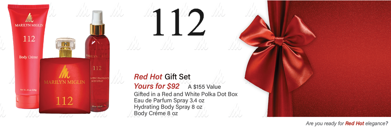 New 112 Red Hot Gift Set from Marilyn Miglin. A $155 value, yours for only $92. Image: Products on a gift background. 