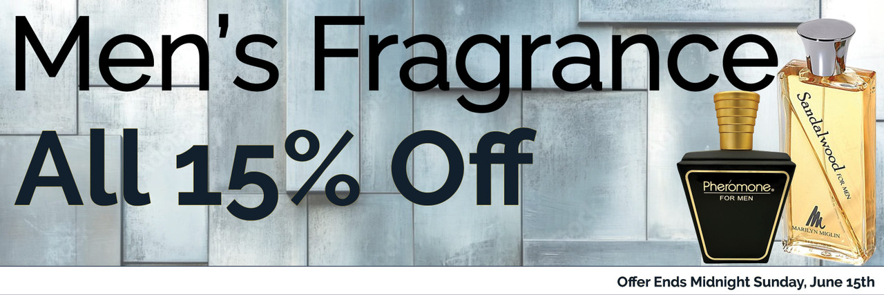 Text of 15% Off Mens Fragrance against a blocked steel background