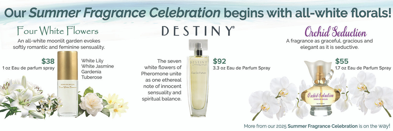 Images and Text Describing All-white Floral Fragrances by Marilyn Miglin
