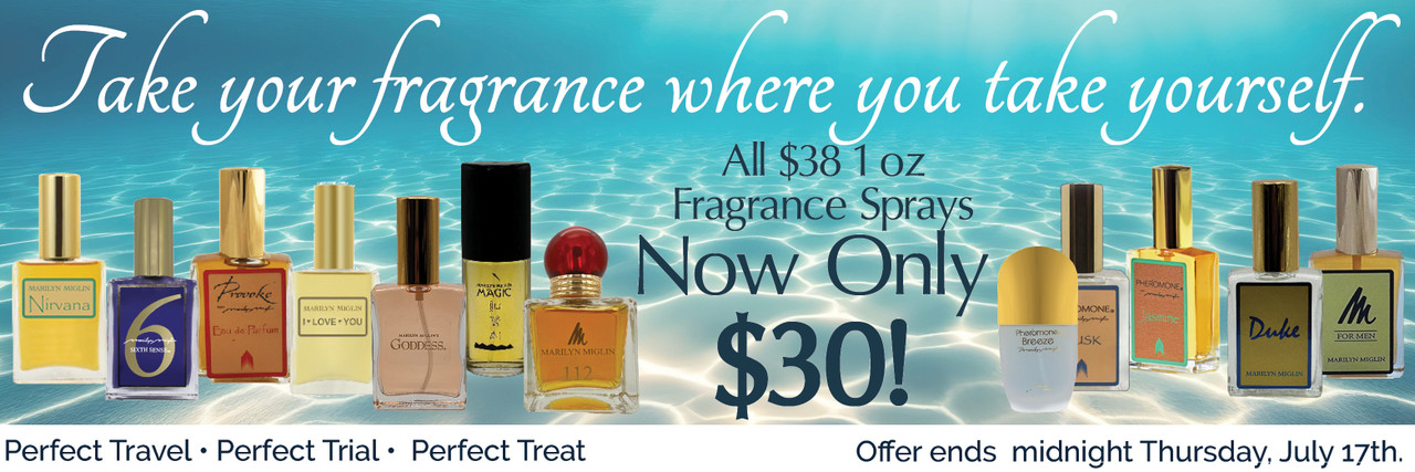 $8 Off All One Ounce Fragrance Sprays  against a Sunny Turquoise Sea Bottom