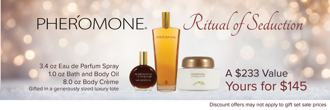 New Pheromone Ritual of Seduction Gift Set Image of Products  Against a Festive White and Gold Background