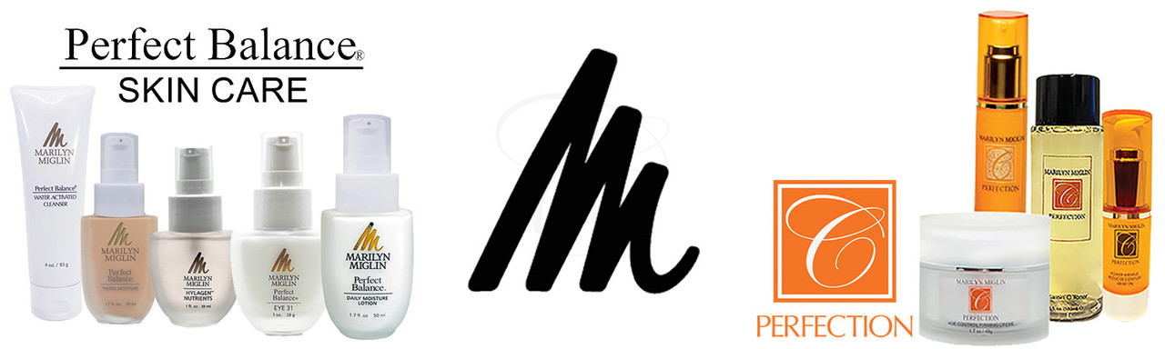 Product images from the Marilyn Miglin Perfect Balance and C Perfection skin care lines  