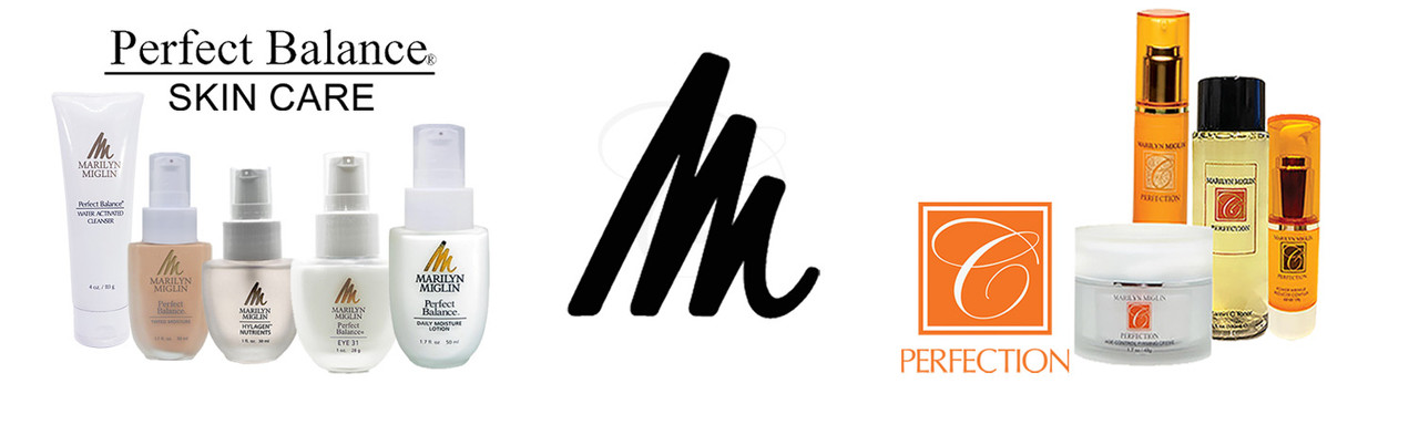 Product images from the Marilyn Miglin Perfect Balance and C Perfection skin care lines  