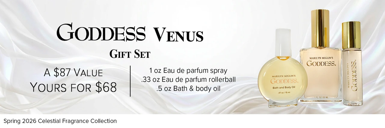 Image and Description of Venus Gift Set Featuring Goddess by Marilyn Miglin®  on a Flowing White Background