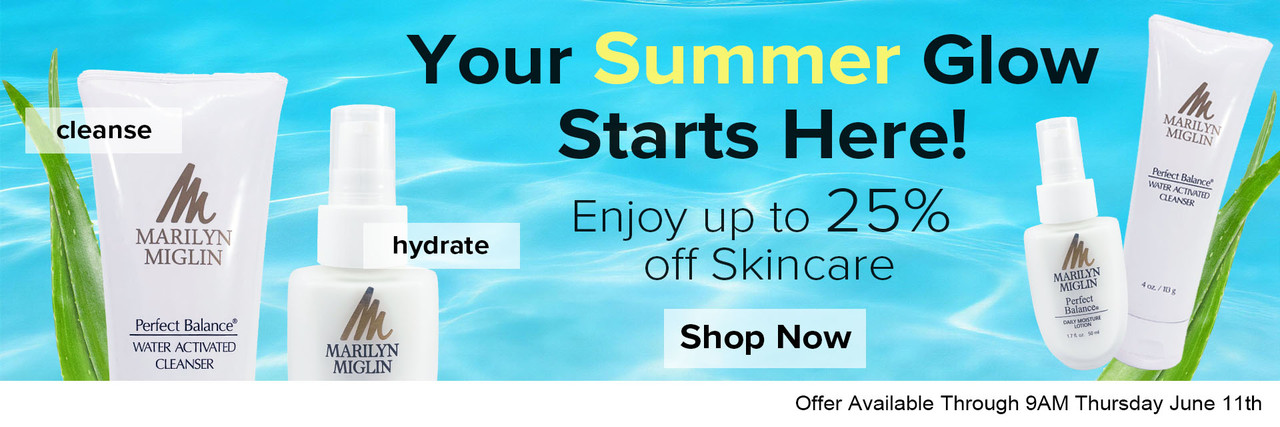 Text and Images of Perfect Balance® Skin Care Products on Sale against a Blue Water Background. 