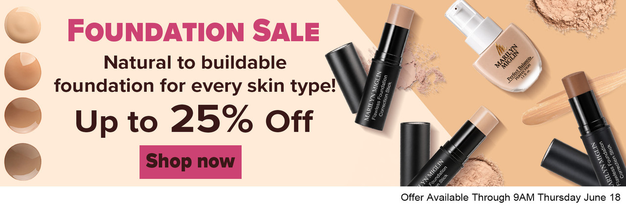 Text and Images for The Annual Marilyn Miglin® Cosmetics Foundation Sale Showing Products on a Skin-toned Background