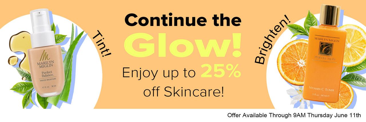 Text and Images for a Summer Skin-prep Sale Featuring Miglin® Skin Care on a Coral ® Cosmetics Foundation Sale Showing Products on a Skin-toned Background