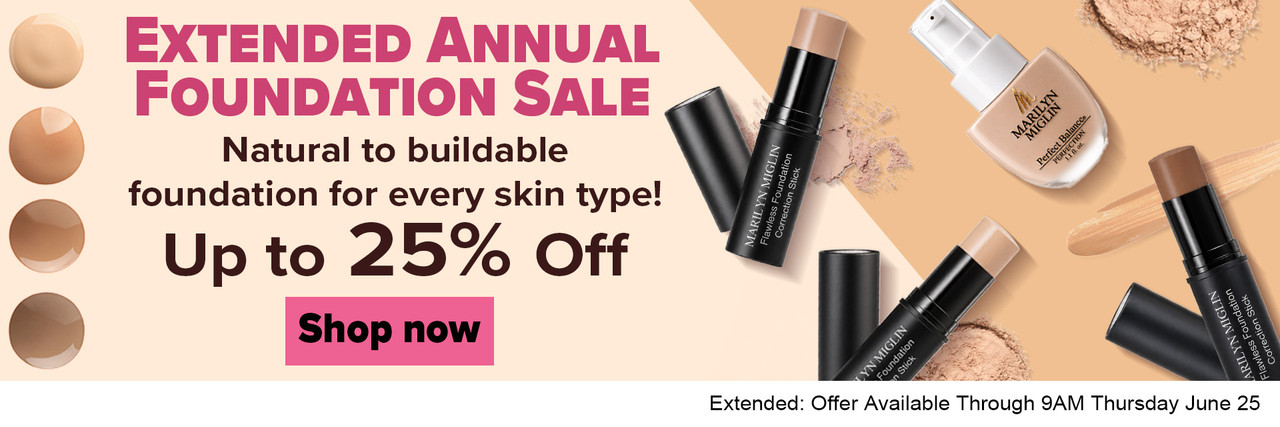 Text and Images for The Annual Marilyn Miglin® Cosmetics Foundation Sale Showing Products on a Skin-toned Background