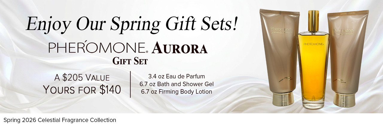 Text and Images of the Pheromone Aurora Gift Set from Marilyn Miglin on a Swirling White Background