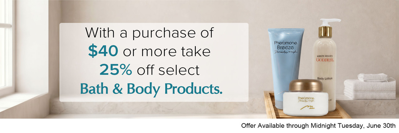 Text and Images for a Bath and Body Sale Featuring Miglin® Sale Products on a a Clean Beige Counter 