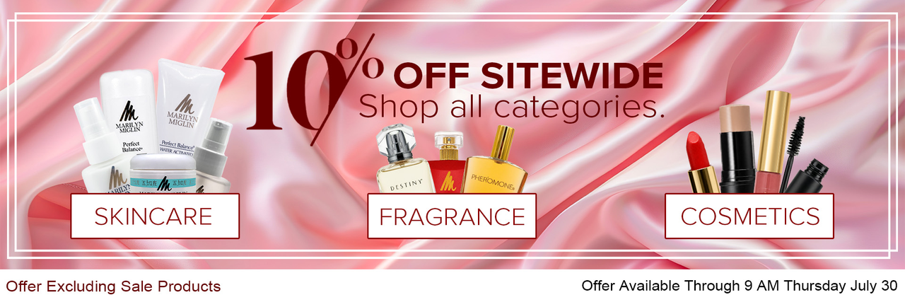 Text and Images Describing Sitewide 10% Off Sale against a Flowing Pink Background