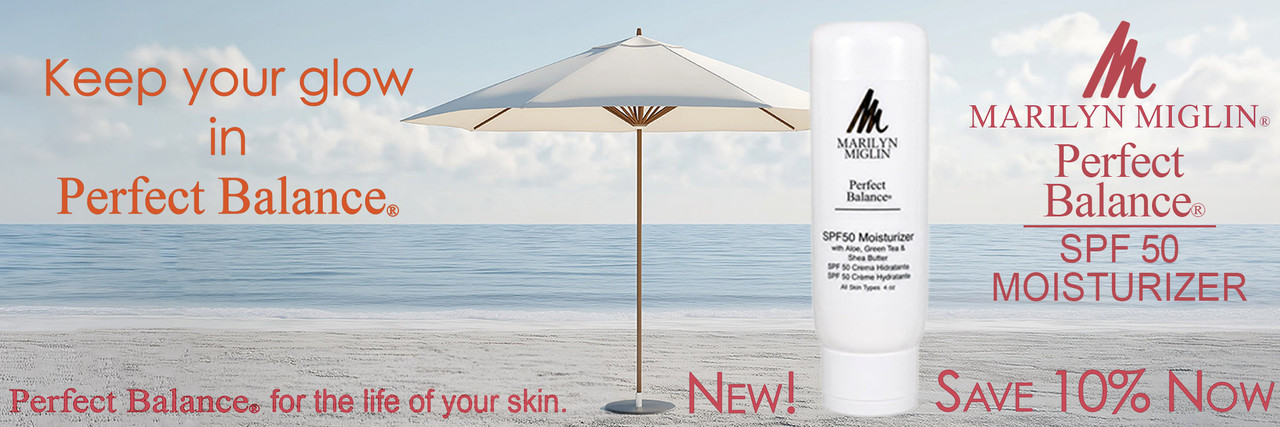 Text and Images Announcing New Perfect Balance® SPF 50 Formula On Sale on a Peaceful Beach under a White Sun Umbrella.