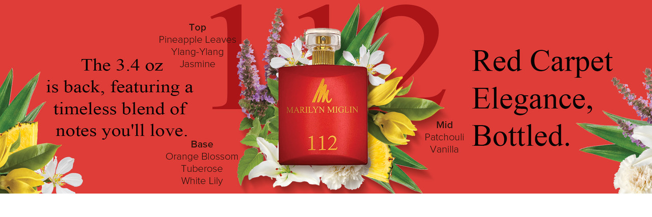 Image and Text Describing 112 by Marilyn Miglin® the Deeply Elegant Blend of Citrus, Florals and Sharp Greens.  