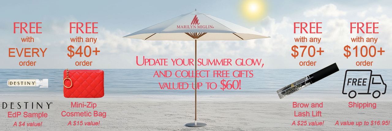Text and Images Describing a Four-Tiered Gift with Purchase Offer against a Soft Summer Beach