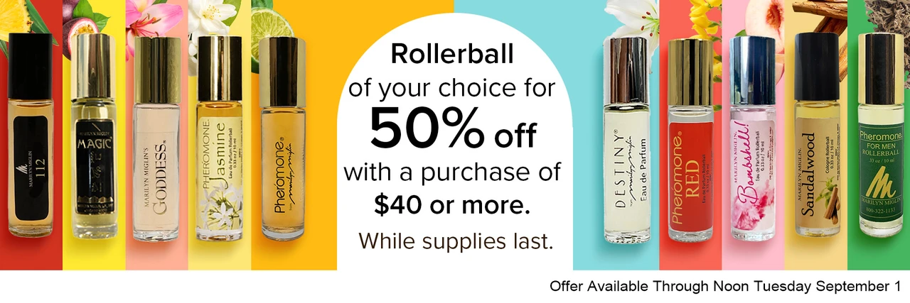 Images and Text Describing 50% Half Off Rollerball Sale with Any Purchase of $40 or More