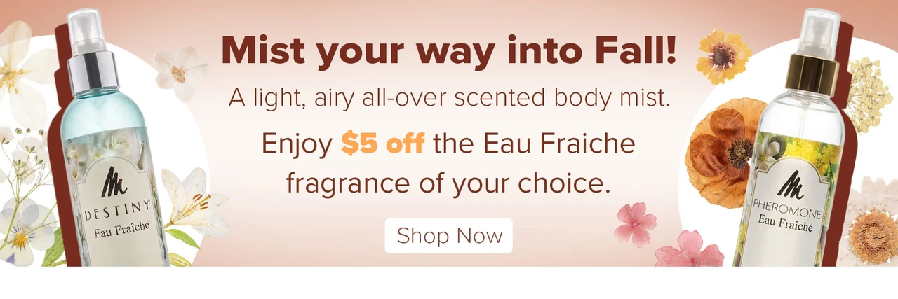 Text and Image Describing Introductory Offer of $5 Off NEW Pheromone and Destiny Eau Fraiche Fragrance Mists