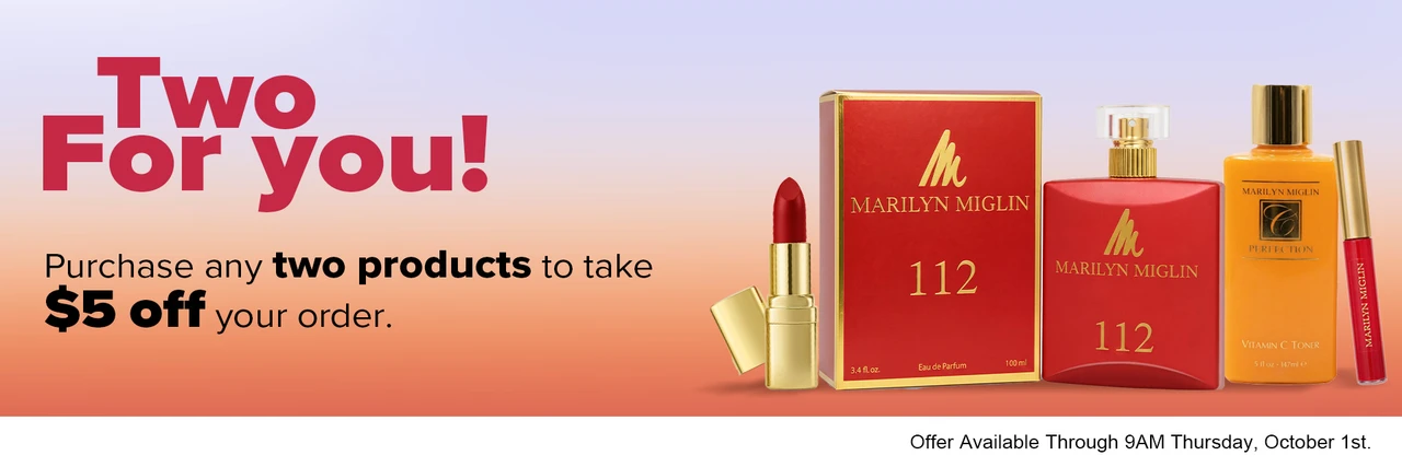 Text and Images Describing an Offer for $5 Off Any Order with the Purchase of Any Two Fragrance, Cosmetics and/or Skin Care Items!  