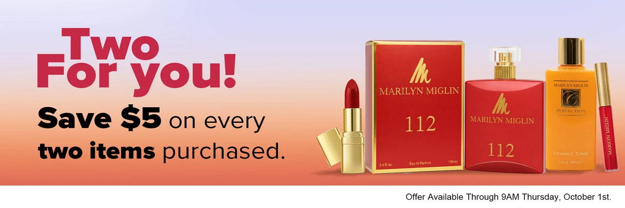 Text and Images Describing an Offer for $5 Off Any Order with the Purchase of Any Two Fragrance, Cosmetics and/or Skin Care Items!  
