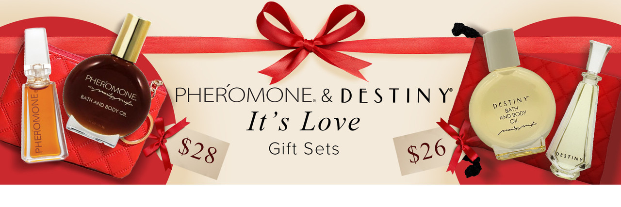 Text Describing The PHEROMONE® and DESTINY® It's Love Gift Sets by Marilyn Miglin for Winter 2026. Image of Products Included and Red Zip or Drawstring Bag. 