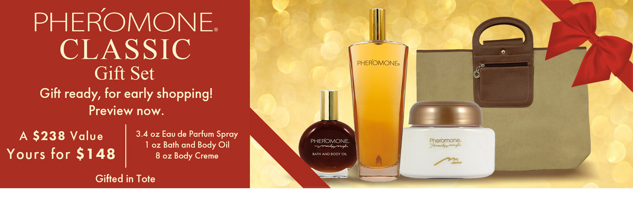 Text Describing The PHEROMONE® Classic Gift Set by Marilyn Miglin for Winter 2026. Image of Products and Included Tote on a Gold Background.  