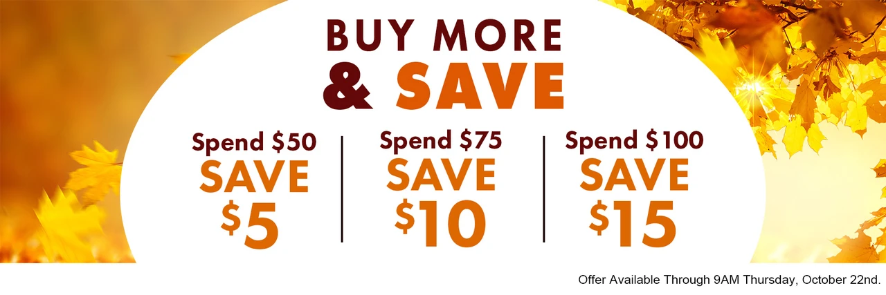 Text and Autumn Image Describing an Offer for 3-Tier Savings: $5 Off with a $50 Order; $10 with a  $75 Order; and $15 with a $100 Order.