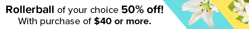 Text and Images Describing 50% Half Off Sale on All Fragrance Rollerballs with a Purchase of $40 or More