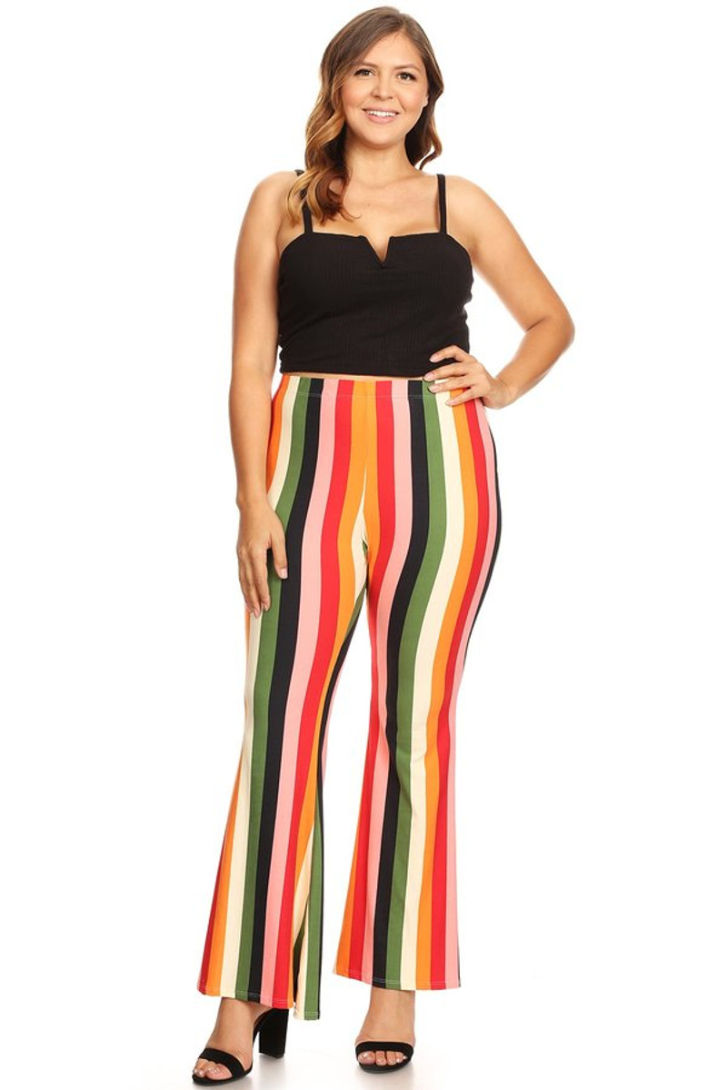 Plus Size Casual Pants, Women's Plus Colorful Stripe Print Medium Stretch  Flared Leg Pants With Pockets