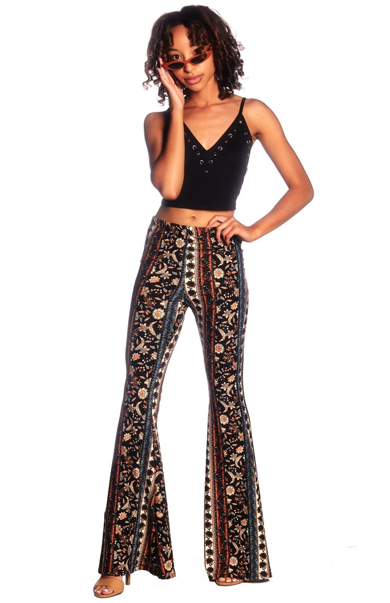 Plus Stripe Floral Wide Leg Flare Pant - VIBE Apparel Co.