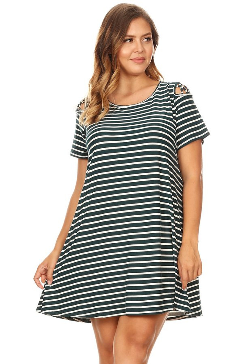 Plus Stripe Shoulder Caging Swing Dress - VIBE Apparel Co.