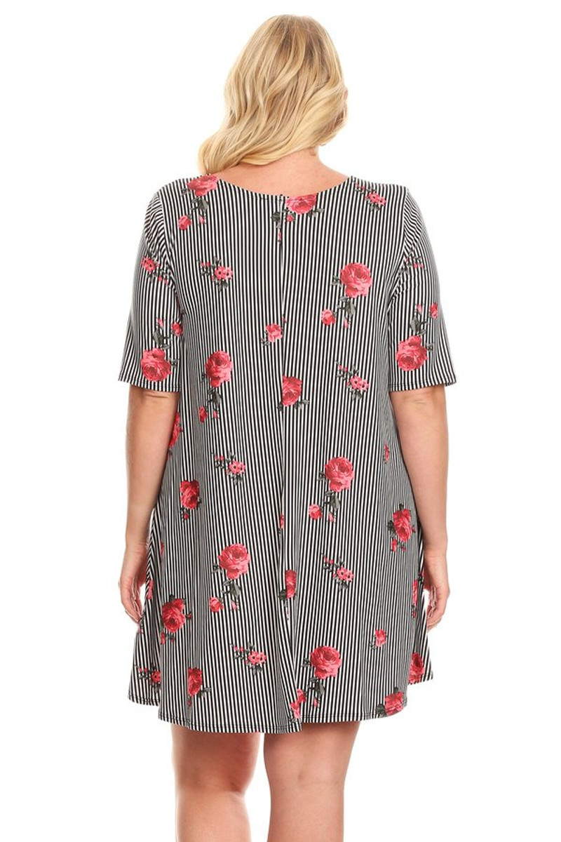 Plus Stripe Floral Brushed Swing Dress - VIBE Apparel Co.