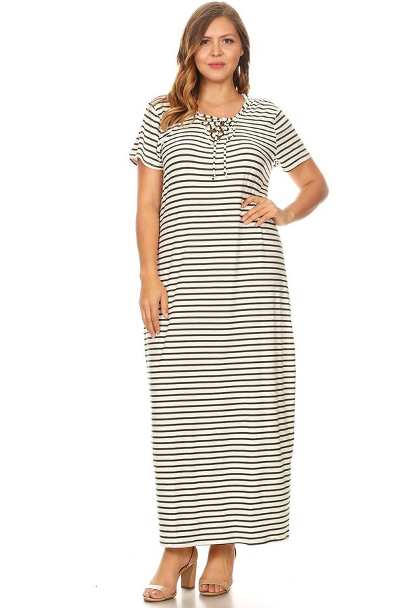 Plus Stripe Lace Up Hooded Maxi Dress - VIBE Apparel Co.