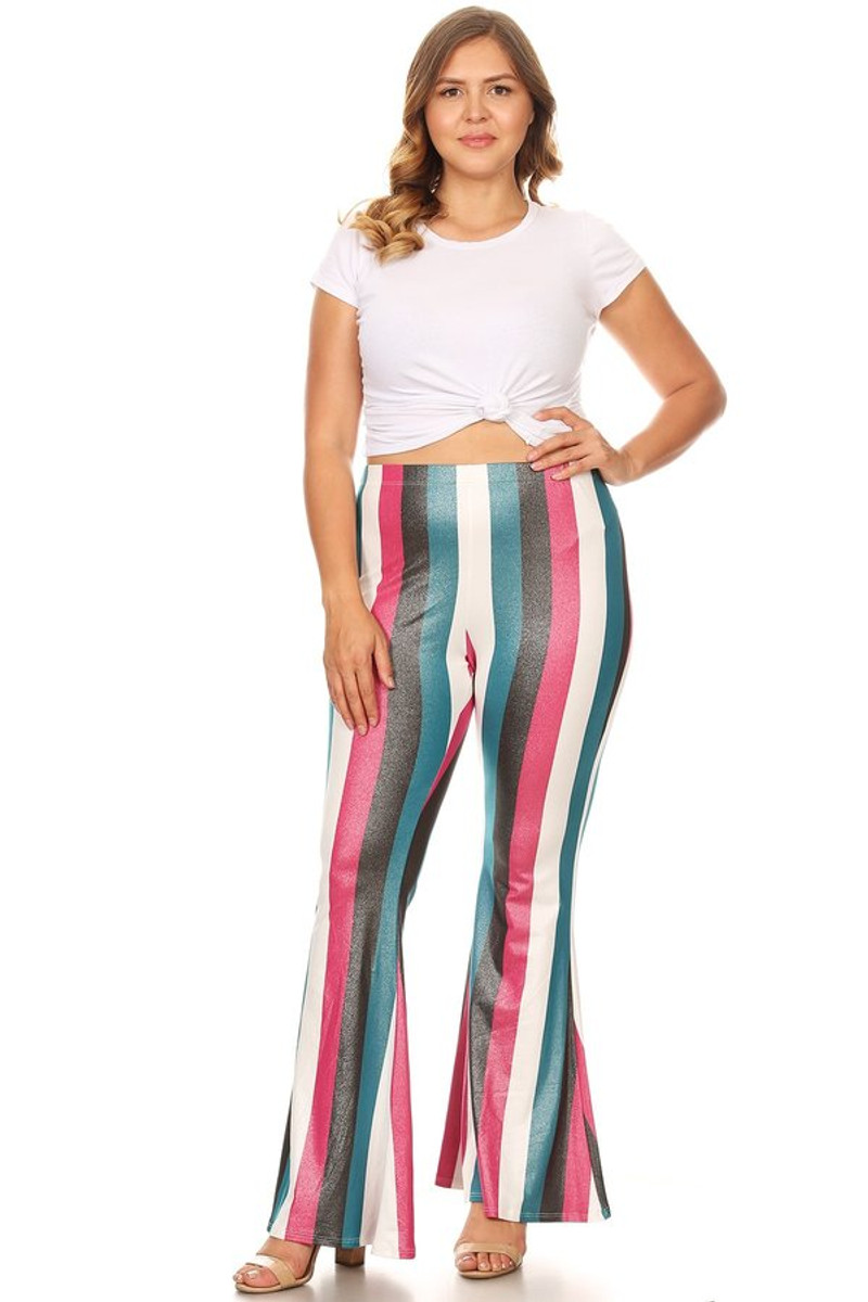 Plus Size Glittery Stripe High Waisted Flare Pant