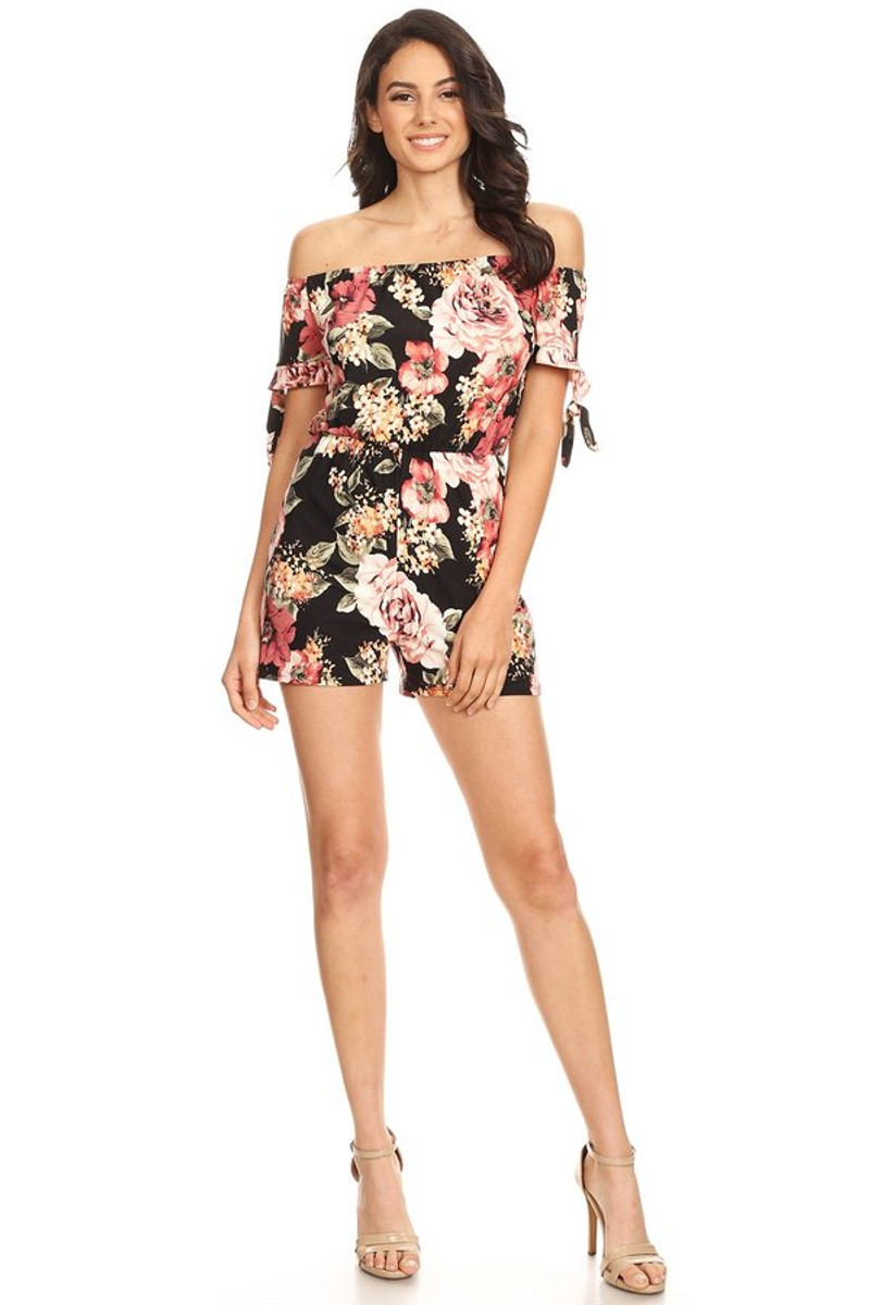 Dark Floral Brushed Tie Sleeve Romper