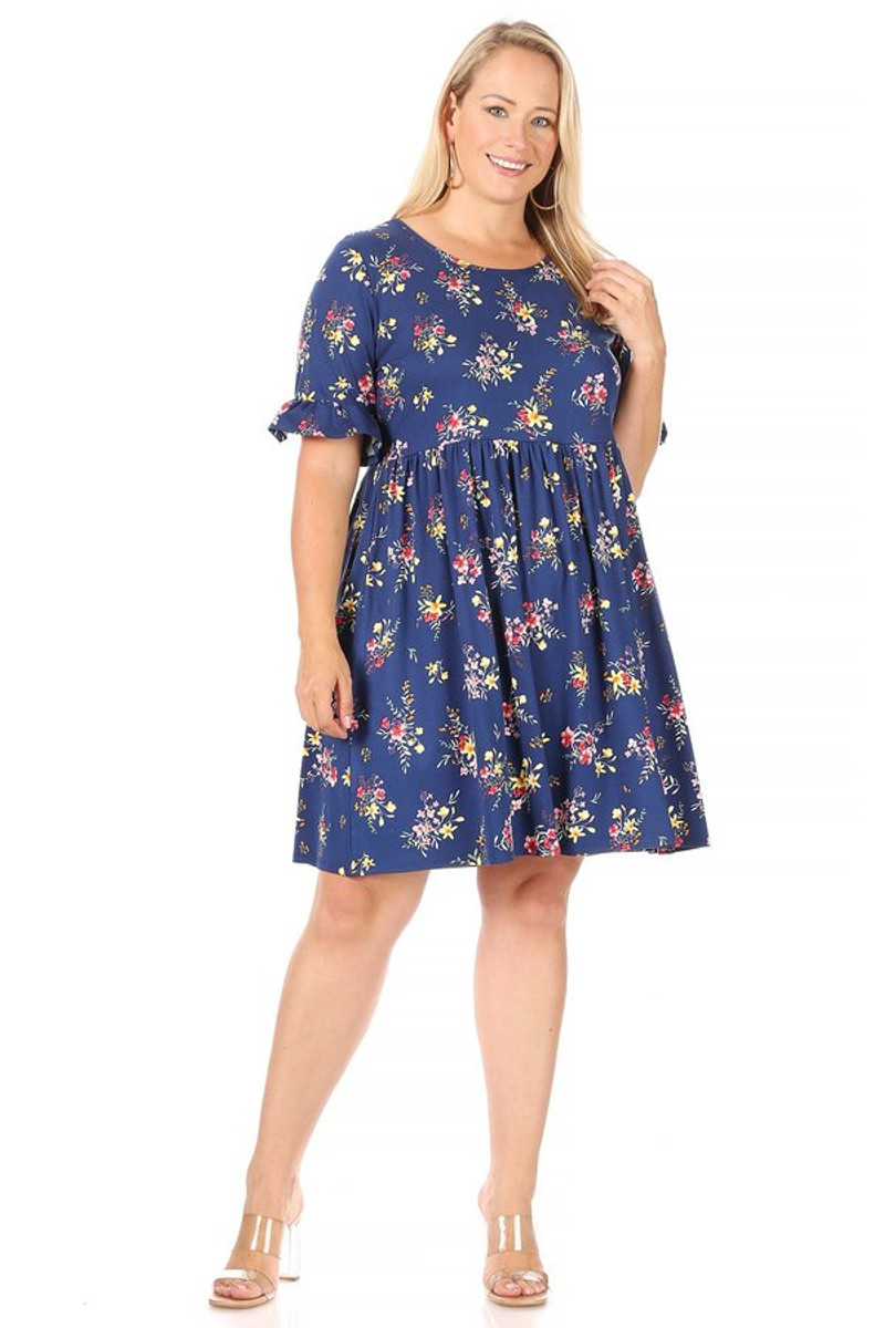 Plus Dark Ditsy Floral Baby Doll Dress with Ruffled Elbow Sleeve - VIBE ...