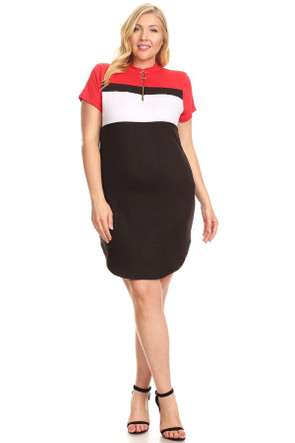 Plus Size Colorblock Zip Up Mini Dress - Casual Outfit