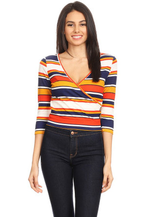 Striped Ribbed V-Neck Button Top