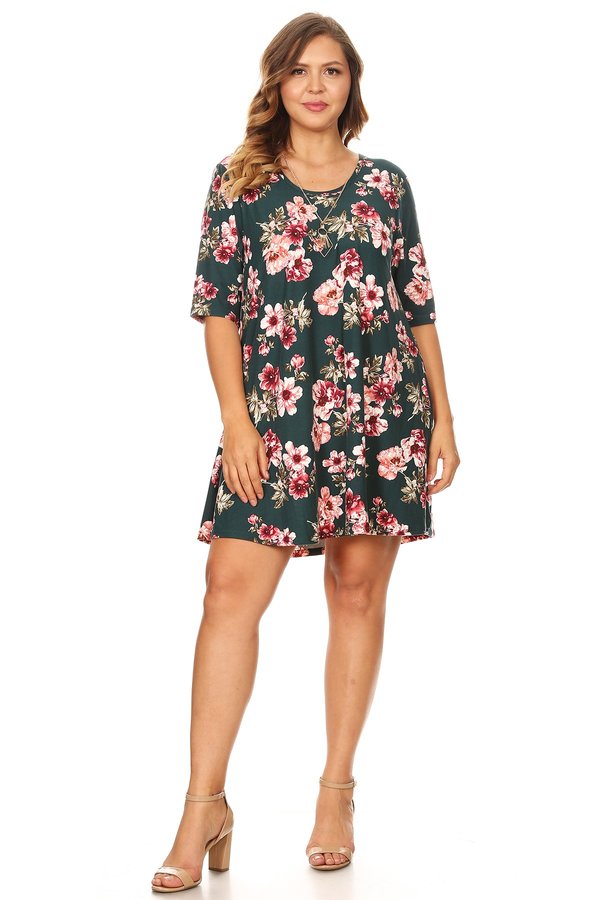 Plus Dark Floral Brushed Swing Dress - VIBE Apparel Co.