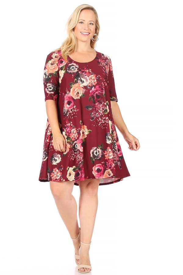 Plus Dark Floral Brushed Swing Dress - VIBE Apparel Co.