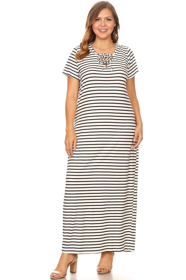 Plus Stripe Lace Up Hooded Maxi Dress - VIBE Apparel Co.