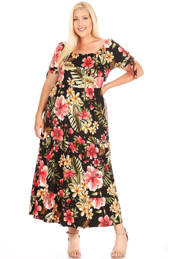 Plus Tie Sleeves Off the Shoulder Tier Maxi Dress - VIBE Apparel Co.