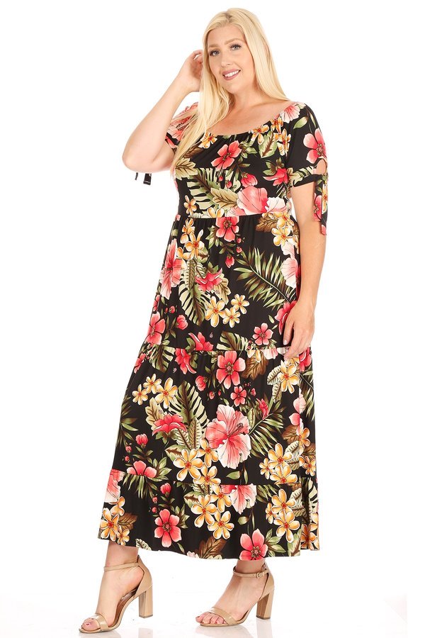 Plus Tie Sleeves Off the Shoulder Tier Maxi Dress - VIBE Apparel Co.