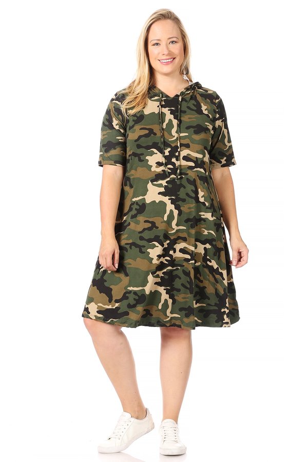 Plus Camouflage Hoodie Swing Dress VIBE Apparel Co