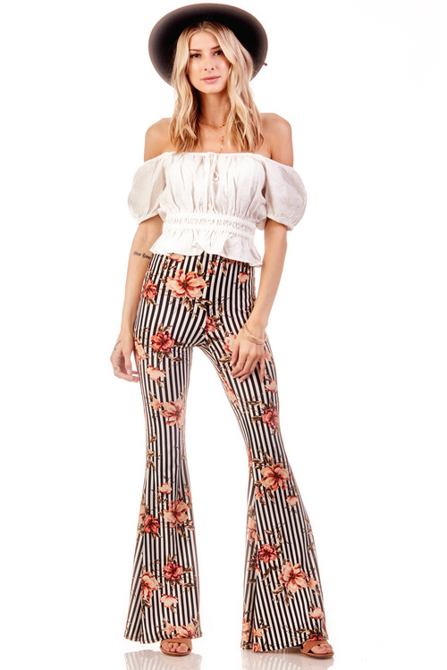 Stripe Floral Wide Leg Flare Pant - VIBE Apparel Co.