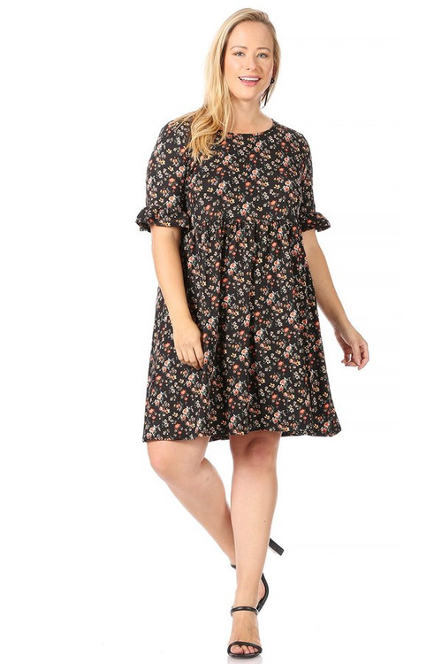 Plus Dark Ditsy Floral Baby Doll Dress with Ruffled Elbow Sleeve - VIBE ...