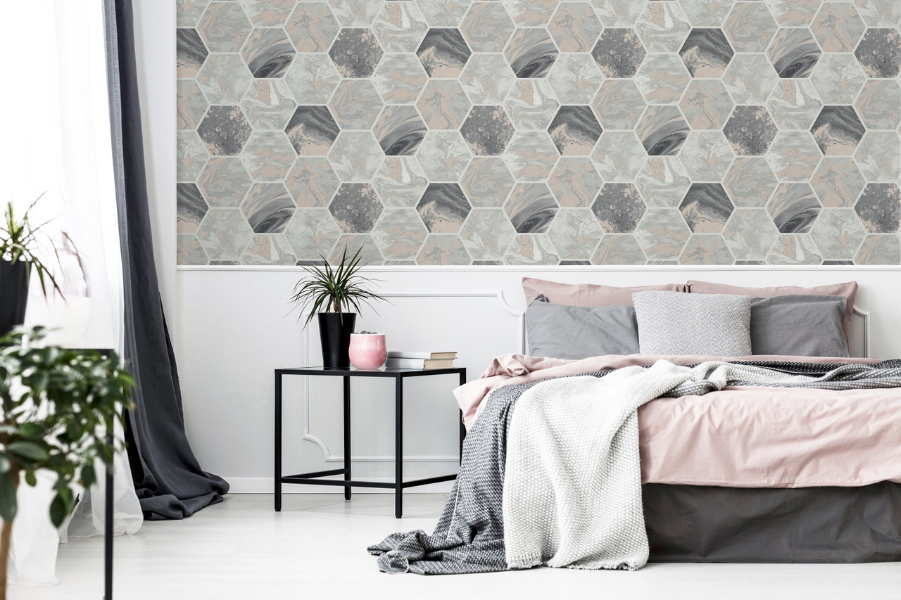 908502 Hexagon Charcoal and Rose Gold Wallpaper By Arthouse